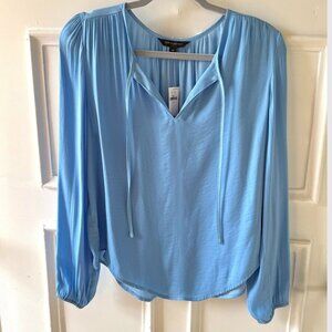Banana Republic Top Size M Blue Long Sleeve Tie Neck Blouse Soft Office Vibes